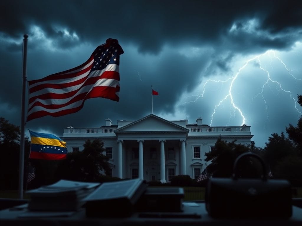 Flick International Dramatic view of the White House against a stormy sky, with an American flag and Venezuela's flag silhouette reflecting international tension.