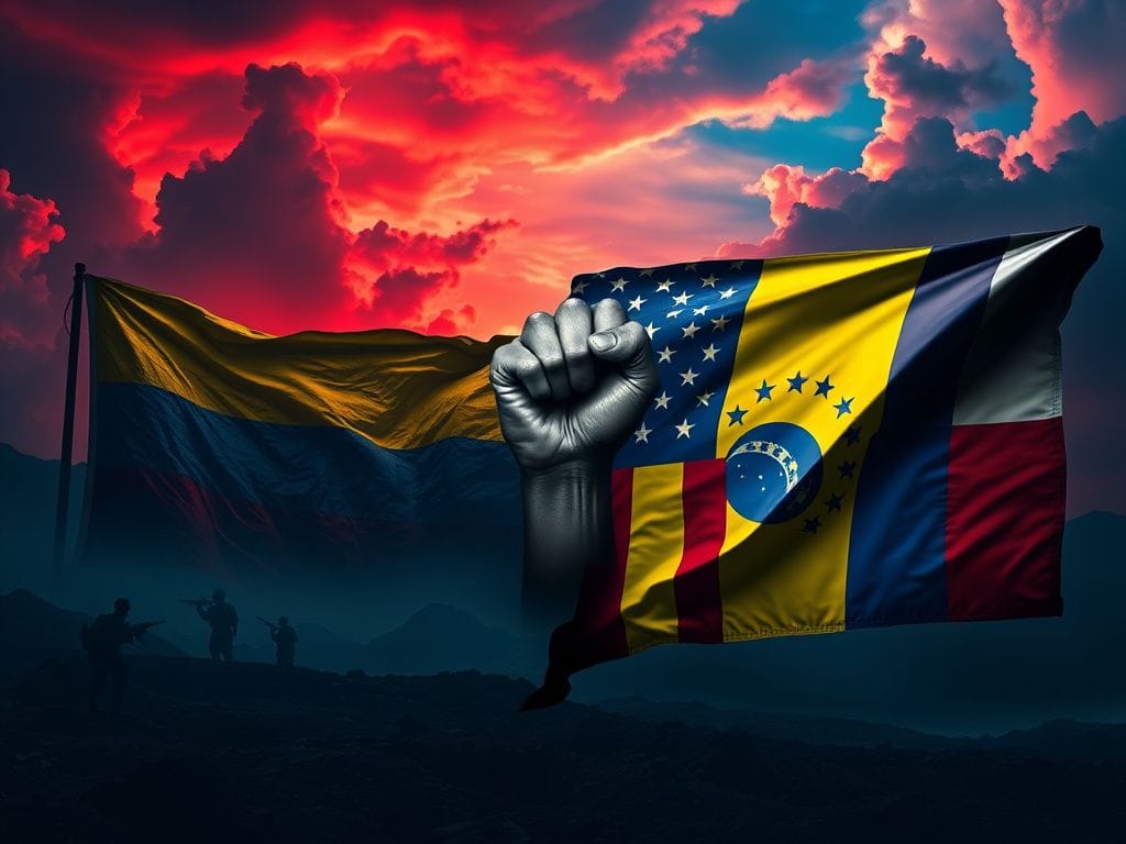 Flick International Dramatic split landscape contrasting the Venezuelan and American flags symbolizing drug trafficking tensions.