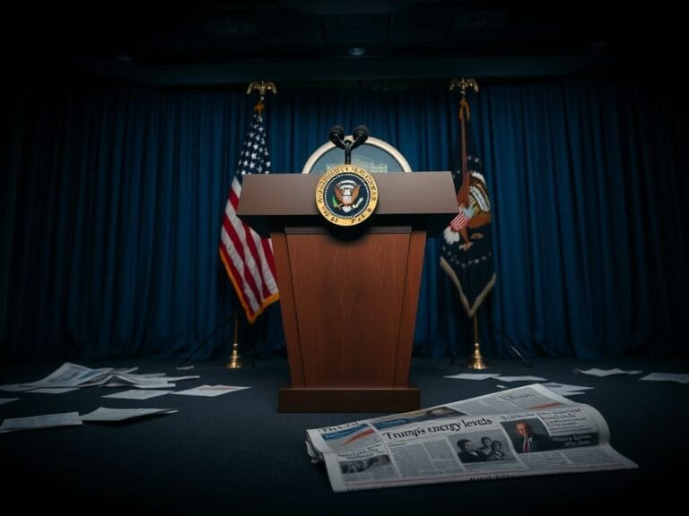 Flick International A dramatic scene in the White House press briefing room featuring a presidential podium and American flag