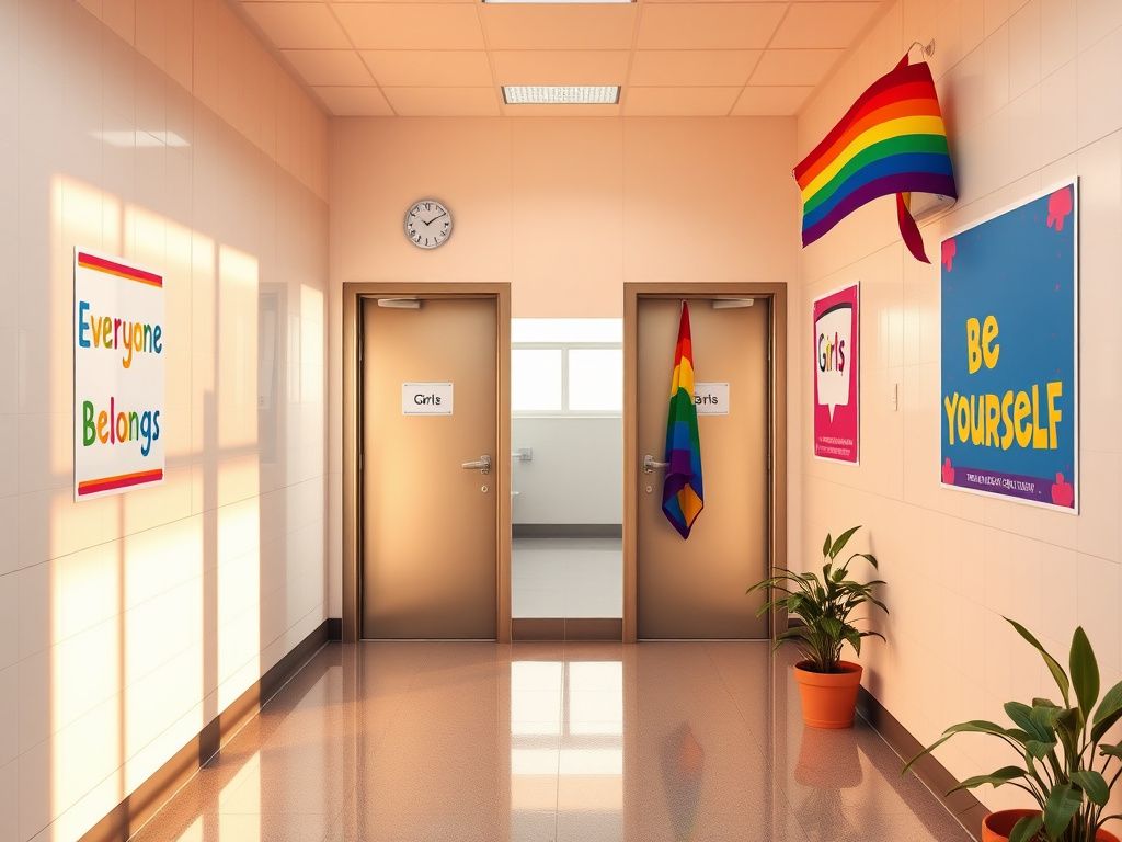 Flick International Serene school restroom corridor with inclusive bathroom doors labeled 'Boys' and 'Girls'
