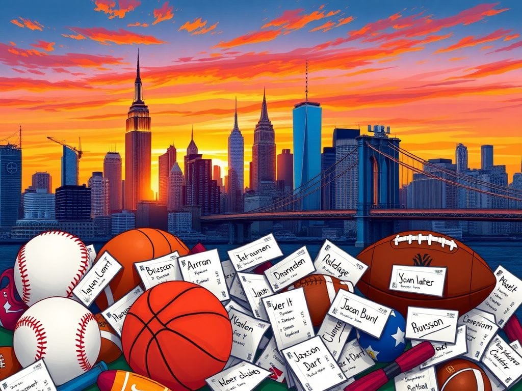 Flick International New York City skyline at twilight with sports paraphernalia and colorful ballots