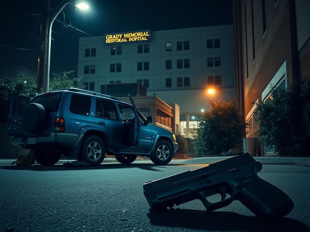 Flick International Dark urban street scene showing an abandoned blue SUV and a black Glock handgun, depicting the aftermath of an inmate escape.