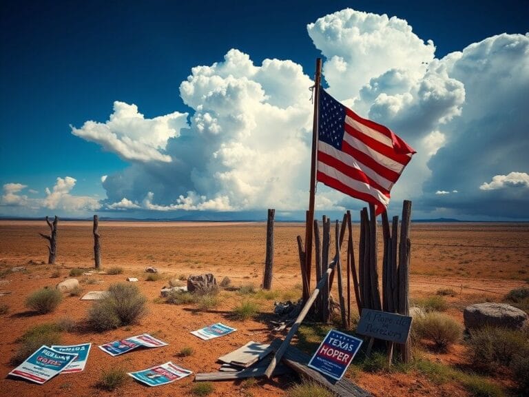 Flick International Landscape of the Texas-Mexico border featuring a weathered American flag and rustic wooden fence