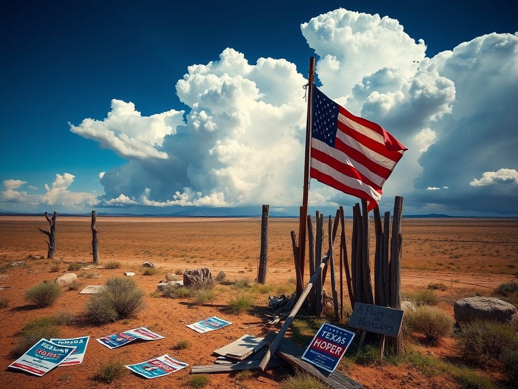 Flick International Landscape of the Texas-Mexico border featuring a weathered American flag and rustic wooden fence