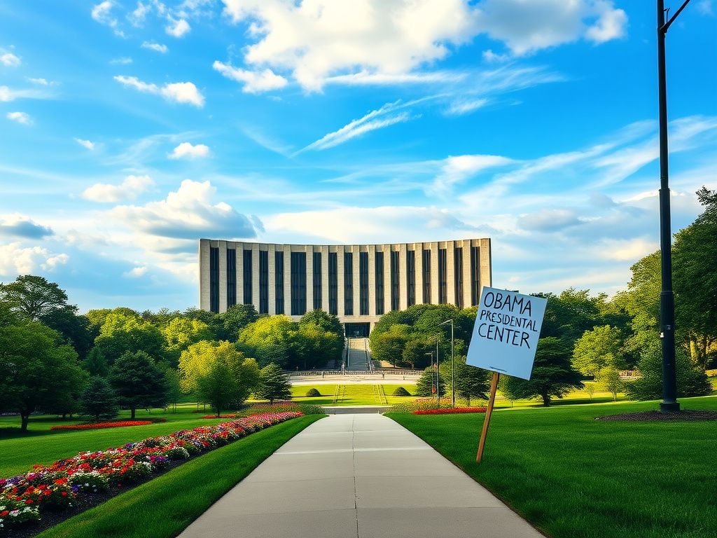 Flick International A sprawling view of the Obama Presidential Center showcasing its brutalist architecture amidst Jackson Park's greenery