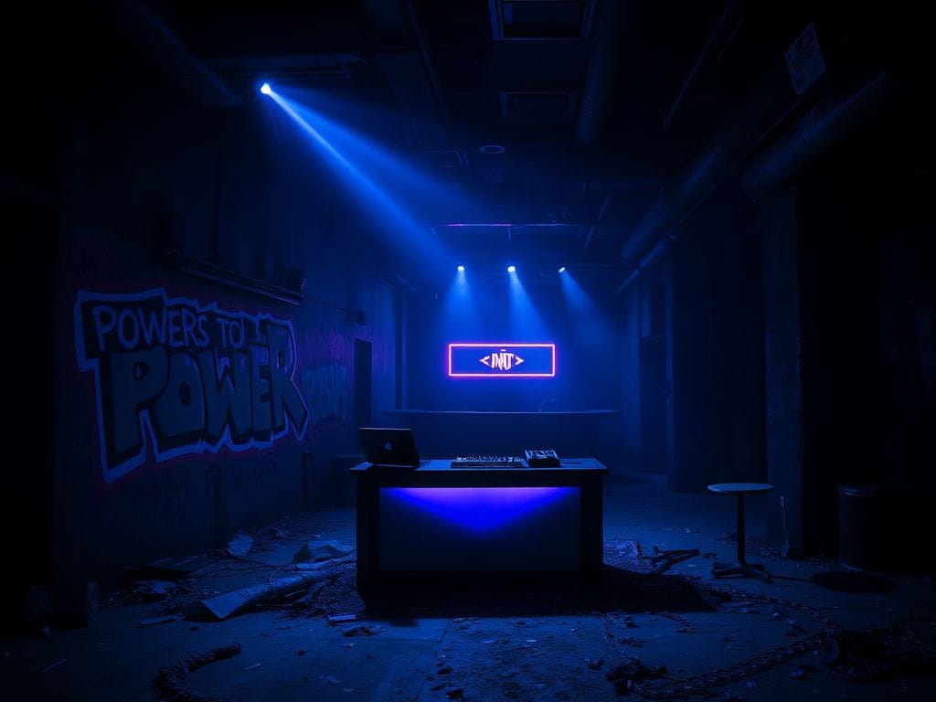 Flick International Dark urban landscape at night featuring an empty nightclub with neon lights