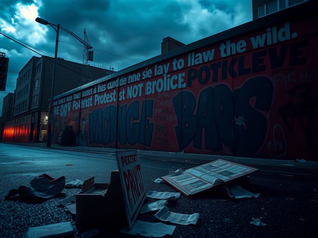 Flick International graffiti-covered wall symbolizing urban protest and unrest