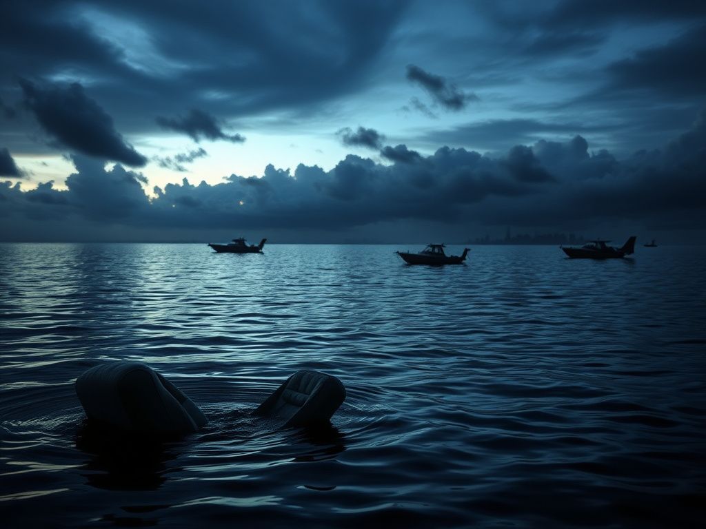 Flick International Twisted remnants of a small plane's wreckage partially submerged in Lake Pontchartrain at twilight