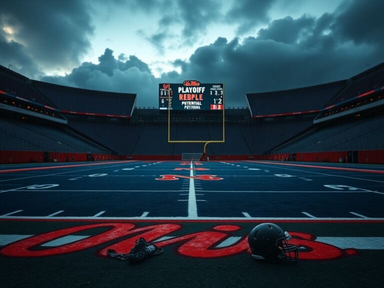 Flick International Empty football field of Ole Miss Rebels showcasing navy blue and cardinal red colors under a dusk sky