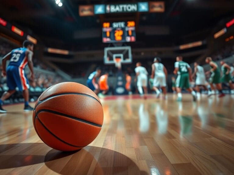 Flick International Close-up of a textured basketball resting on the court during a tense moment of the game.