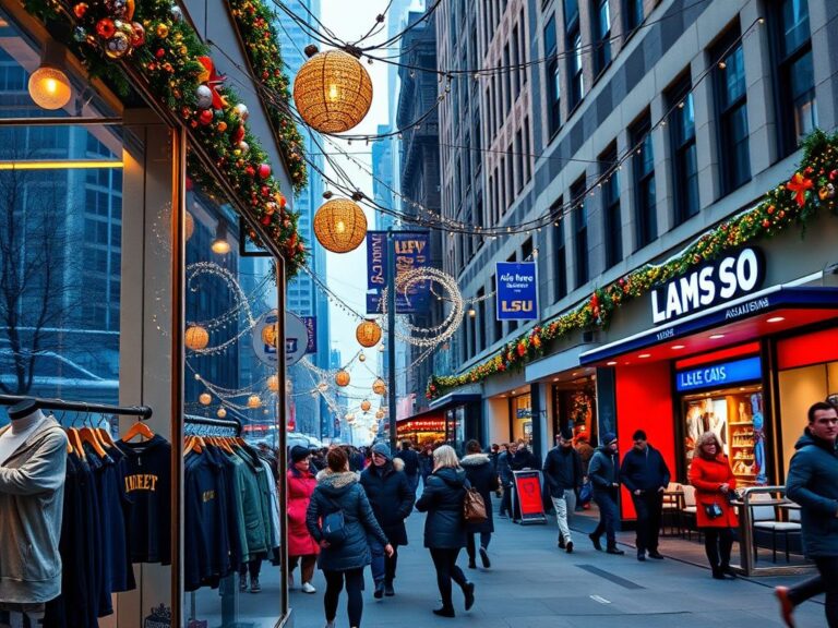 Flick International A busy New York City street in December with festive decorations and a trendy athleisure showroom showcasing sportswear.