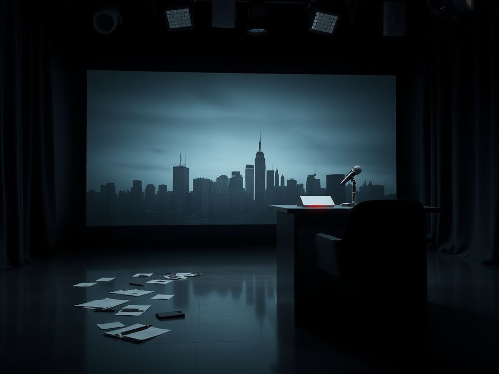 Flick International Dimly lit television studio set with an empty host's chair and a microphone, representing silence