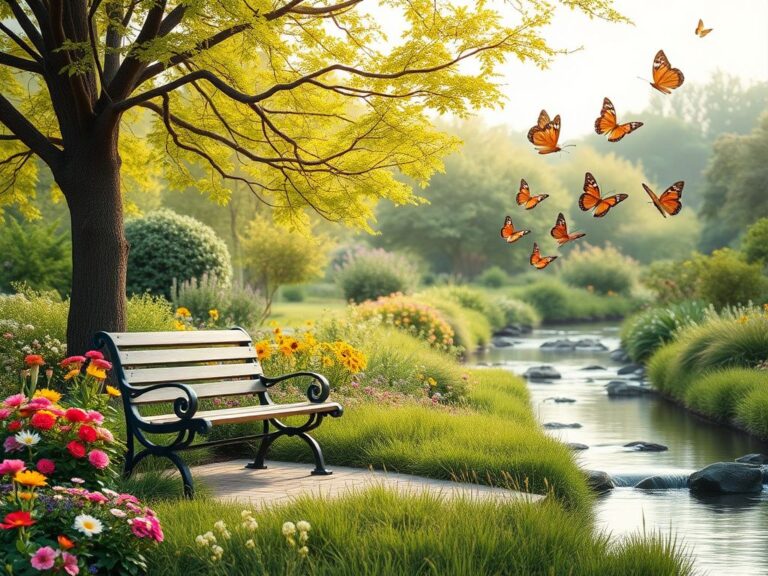 Flick International Serene landscape of an elderly garden filled with vibrant flowers and greenery, symbolizing health and vitality.