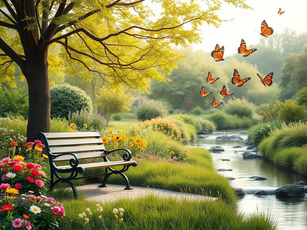 Flick International Serene landscape of an elderly garden filled with vibrant flowers and greenery, symbolizing health and vitality.