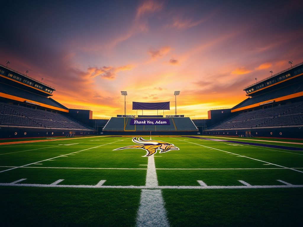 Flick International Dramatic dusk football field with Minnesota Vikings logo and 'Thank You, Adam' banner