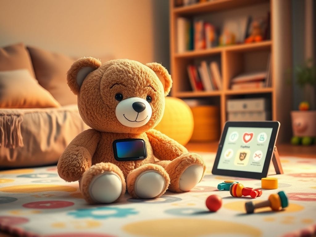 Flick International Cozy living room scene featuring the plush AI teddy bear Kumma on a child's play mat