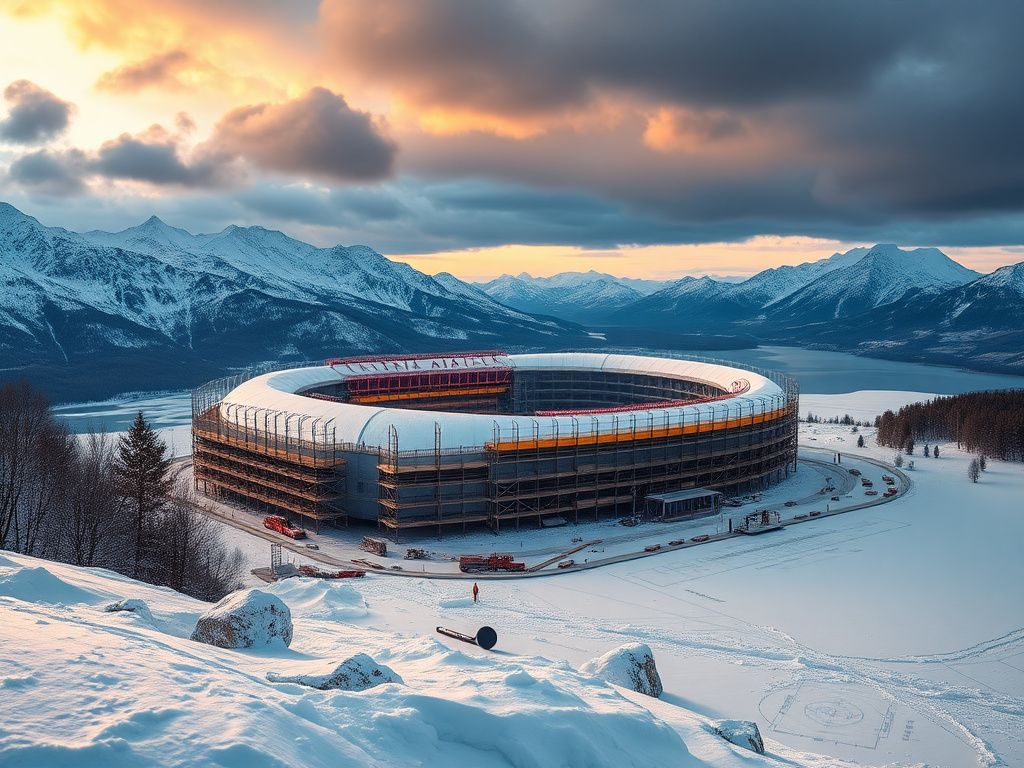 Flick International Winter scene of the under-construction Santagiulia arena surrounded by scaffolding and construction materials in the Italian Alps.
