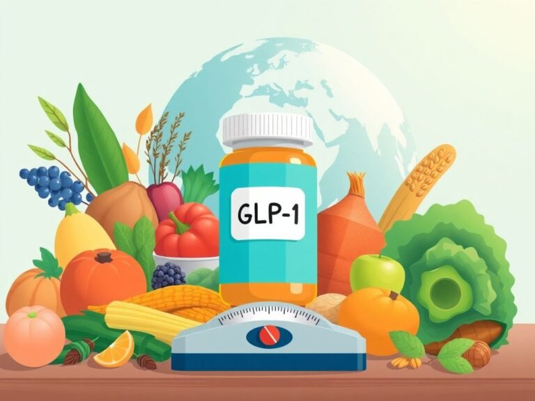 Flick International Illustrated pill bottle labeled 'GLP-1' surrounded by healthy foods symbolizing obesity treatment