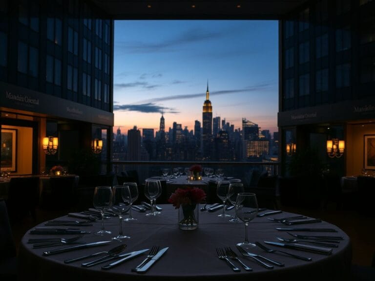Flick International Elegant gala table at the Mandarin Oriental Hotel with New York City skyline in twilight
