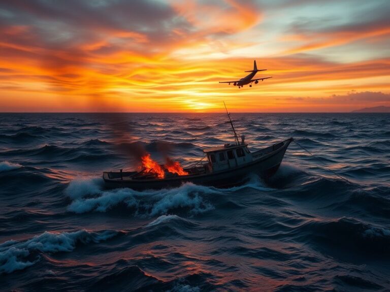 Flick International Aerial view of a smoldering fishing vessel in the Eastern Pacific