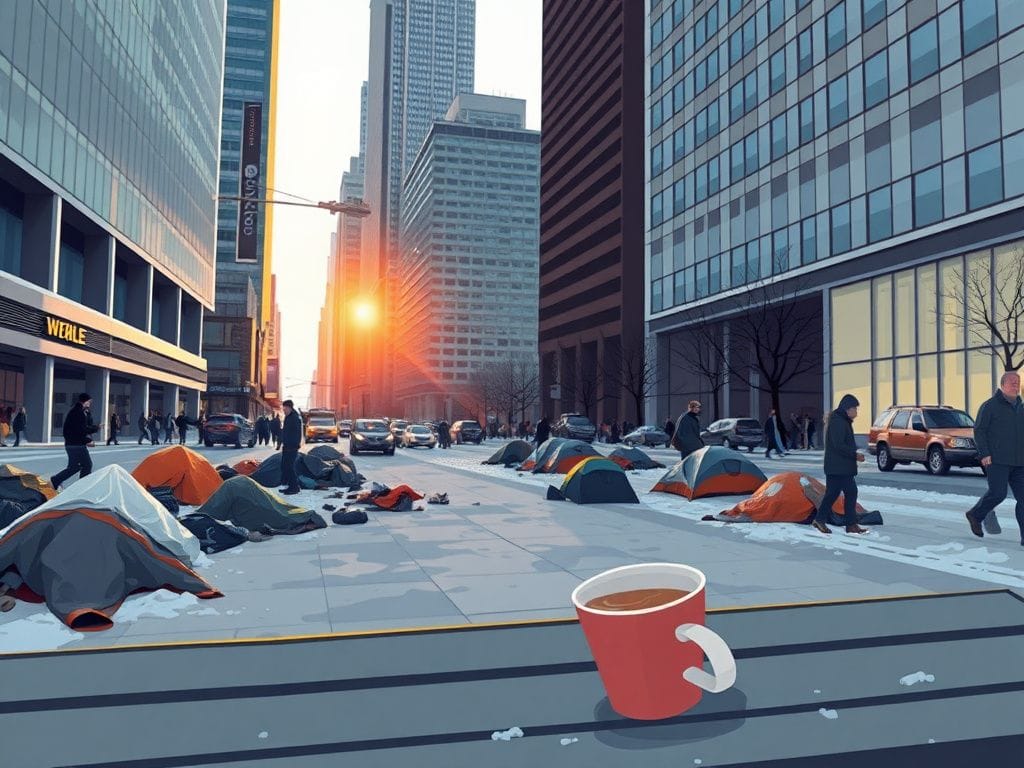 Flick International Urban New York City street scene depicting cleared homeless encampments with remnants remaining