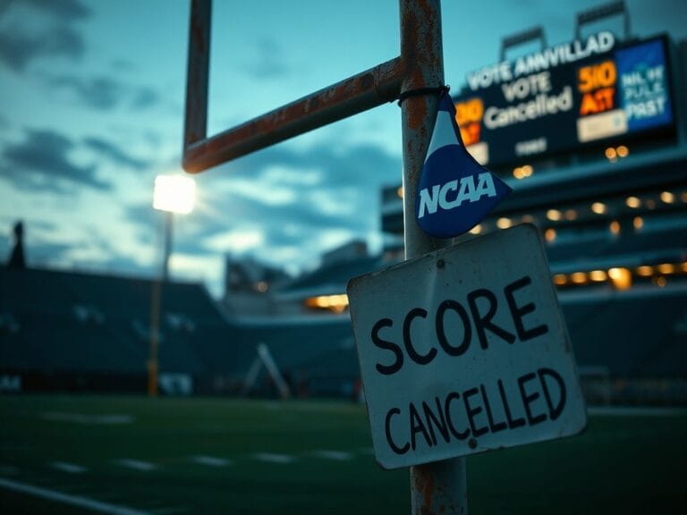 Flick International Empty college football stadium at dusk with bright floodlights illuminating the field and rusted goalpost featuring NCAA logo