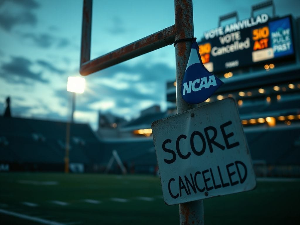 Flick International Empty college football stadium at dusk with bright floodlights illuminating the field and rusted goalpost featuring NCAA logo