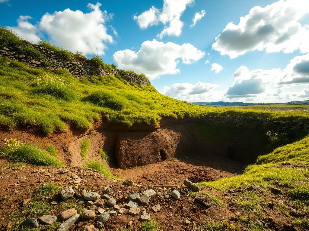 Flick International Archaeological excavation site in County Fermanagh showcasing prehistoric roundhouse and flint tools