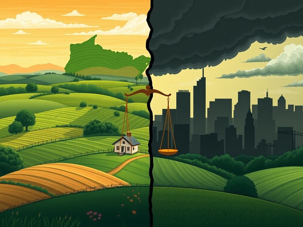 Flick International Conceptual illustration depicting Wisconsin's agricultural landscape contrasted with Minnesota's urban skyline, highlighting fraud issues in welfare programs.