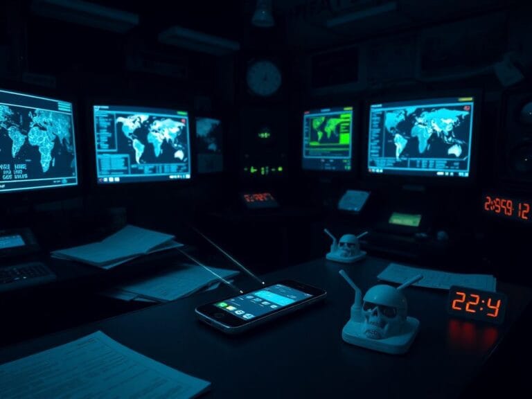 Flick International A dimly lit Sensitive Compartmented Information Facility (SCIF) displaying high-tech communication equipment and a smartphone used for classified discussions.