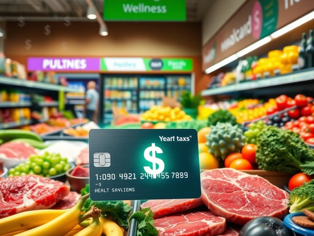 Flick International A vibrant grocery store scene featuring fresh cuts of steak, colorful fruits, and organic vegetables with a pre-tax dollar symbol card in the foreground.