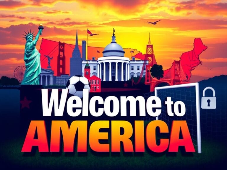 Flick International A vibrant stylized representation of the United States with iconic landmarks and soccer elements