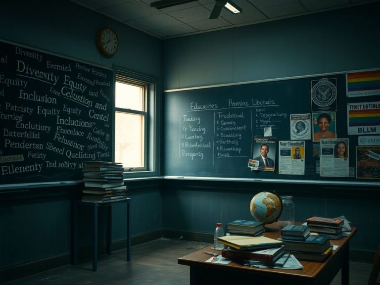Flick International Dimly lit classroom with a chalkboard displaying fragmented educational ideologies, reflecting the conflict in modern education