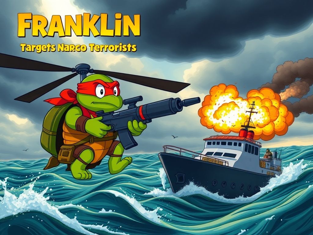 Flick International Animated turtle character Franklin aiming an RPG from a helicopter at a narco-terrorist drug boat