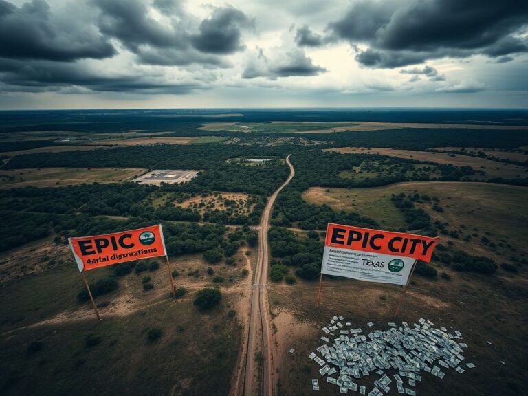 Flick International Aerial view of undeveloped land in Texas with promotional banners for EPIC City