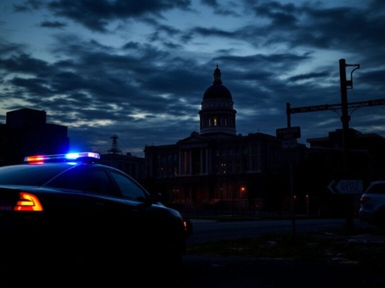 Flick International Dark urban landscape of Minneapolis at dusk with a police car and an imposing government building