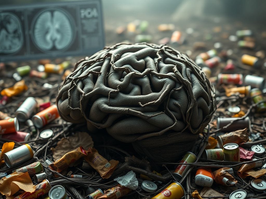 Flick International Close-up of a brain-shaped labyrinth made of twisted vines and roots, symbolizing the complexity of Alzheimer’s disease with discarded food wrappers and soda cans.