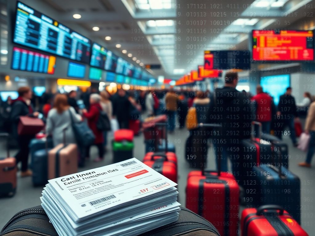 Flick International A busy airport terminal filled with travelers during the holiday season, showcasing luggage and digital flight screens.
