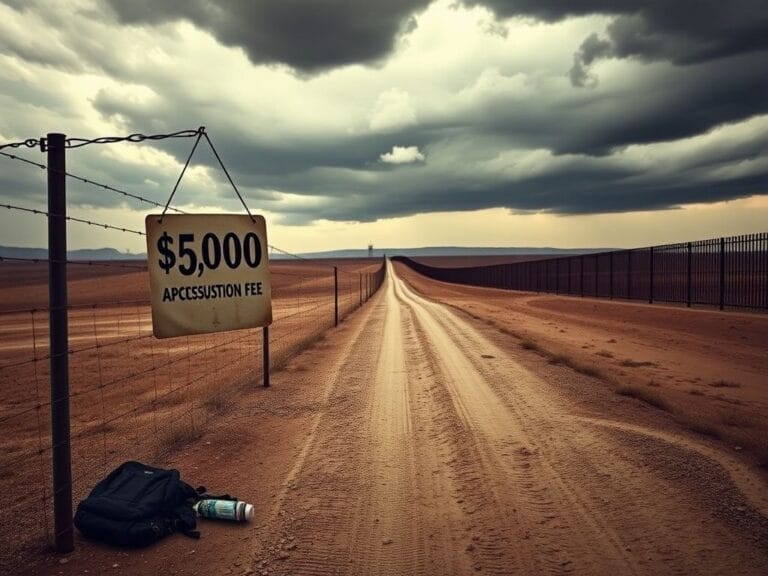 Flick International A desolate border landscape with a winding path and a '$5,000 Apprehension Fee' sign