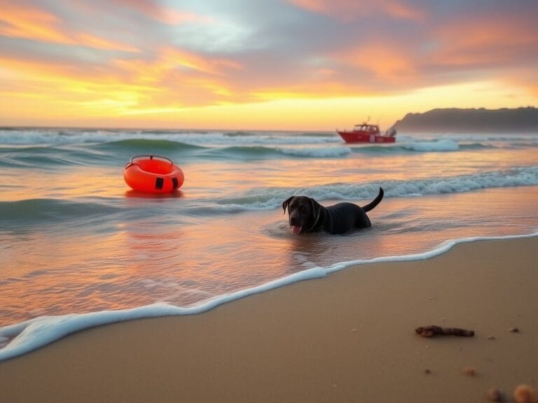 Flick International Black Labrador retriever mix Sadie swimming offshore during sunset