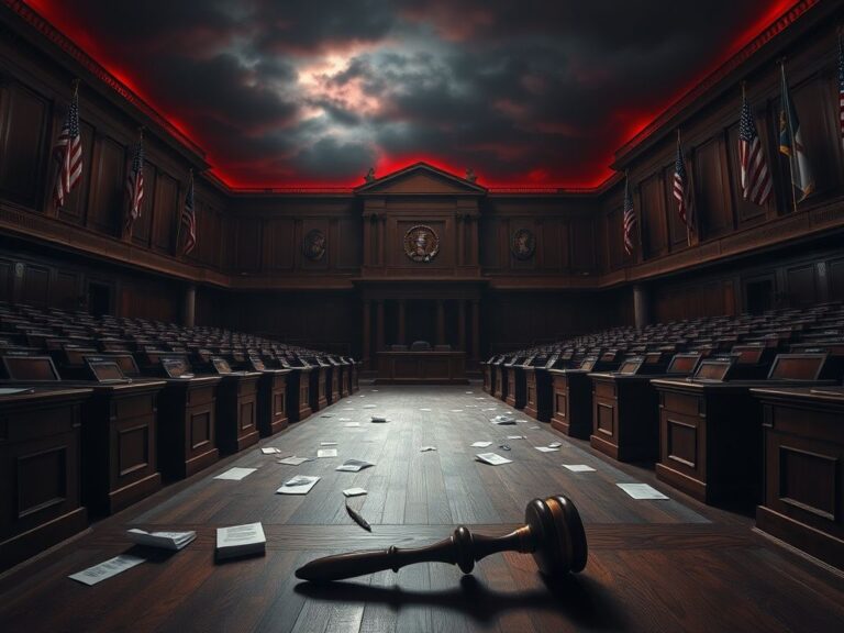 Flick International A dramatic view of an empty Congressional chamber with dark clouds above