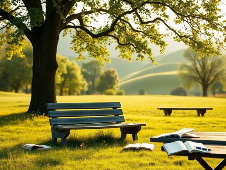 Flick International Serene park scene with a weathered bench under a tree, symbolizing connection and contemplation.