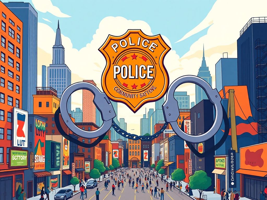 Flick International Conceptual illustration of a vibrant New York City community scene with a distorted police badge symbolizing the debate on policing.