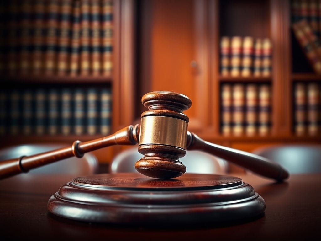 Flick International A large gavel resting on a judge's bench in a courtroom scene