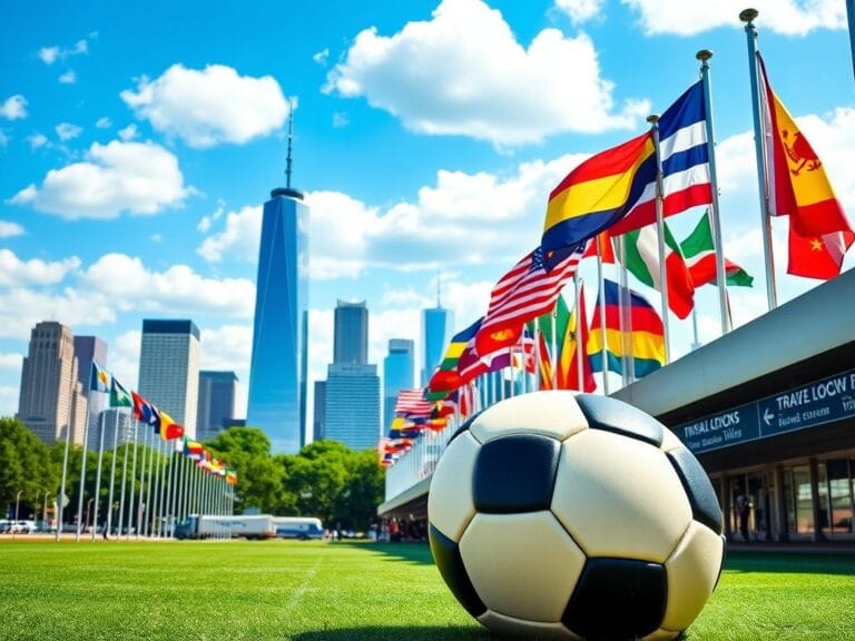 Flick International Vibrant soccer ball in front of a U.S. city skyline with flags fluttering