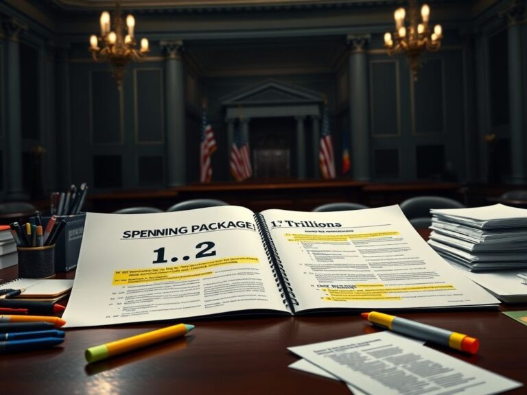 Flick International Open congressional spending bill titled 'Spending Package: $1.2 Trillion' with highlighted sections on a dark wooden desk