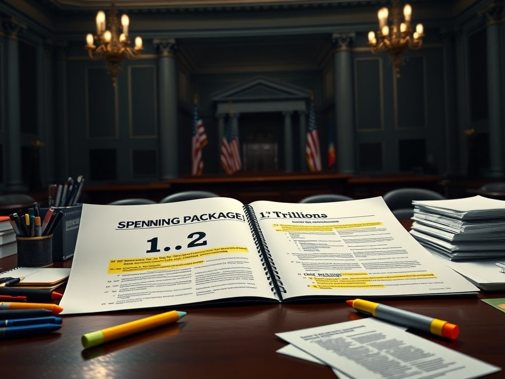 Flick International Open congressional spending bill titled 'Spending Package: $1.2 Trillion' with highlighted sections on a dark wooden desk