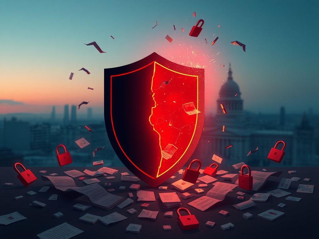 Flick International Digital illustration of a broken shield representing data breach security failure