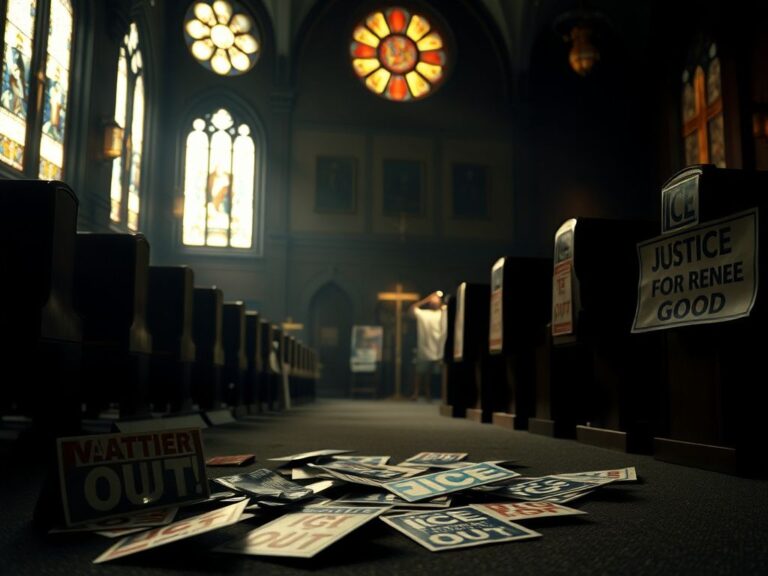 Flick International Interior view of a church disrupted by anti-ICE protest signs
