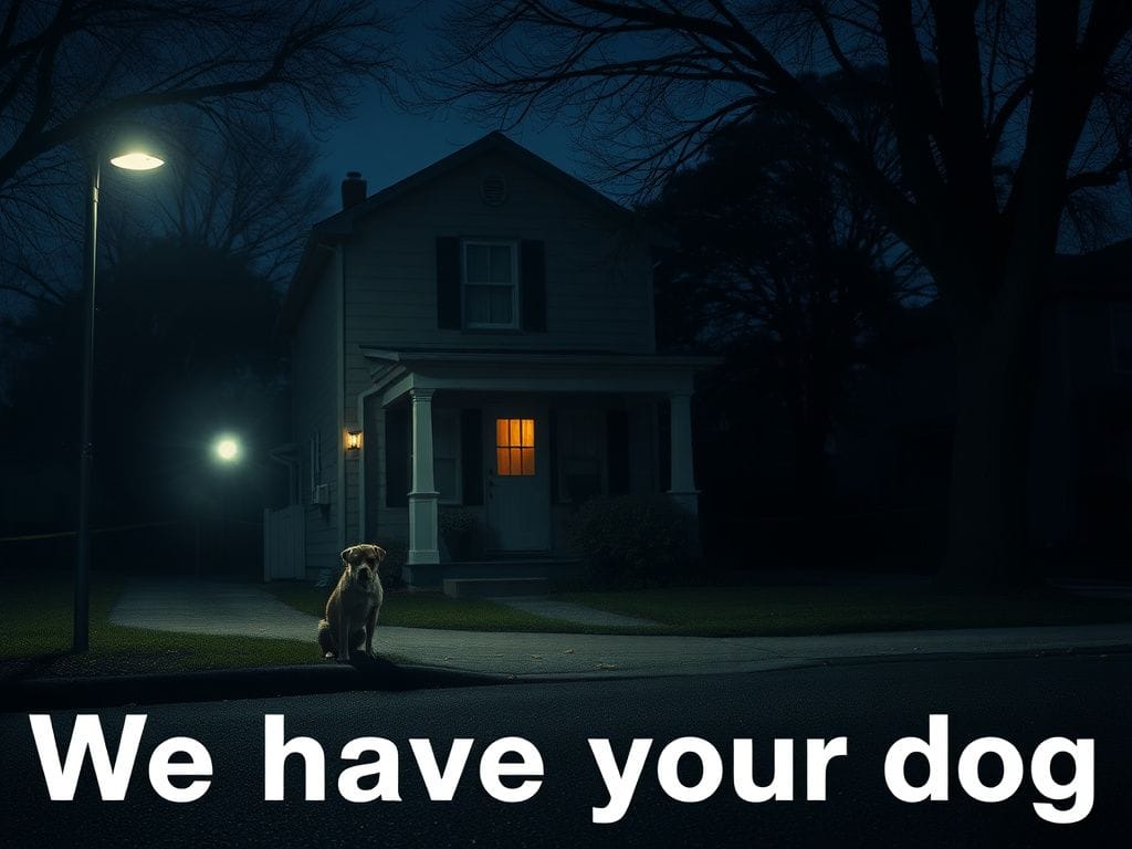 Flick International A dimly lit suburban street scene at dusk featuring a modest house with an ajar front door and an anxious dog on the doorstep